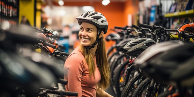 A young girl cyclist chooses a bike for herself in a bike shop Generative AI