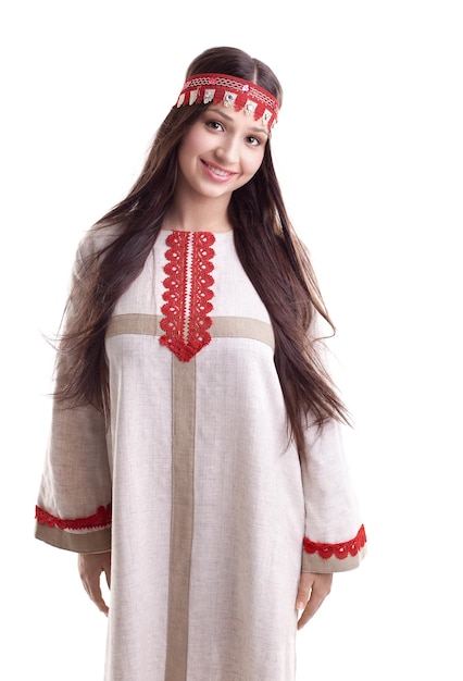 Young girl in dance pose and smile flax cloth