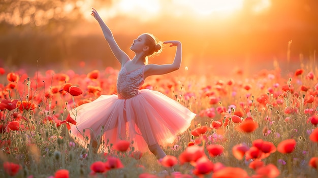A young girl dancing ballet in a poppy field in spring