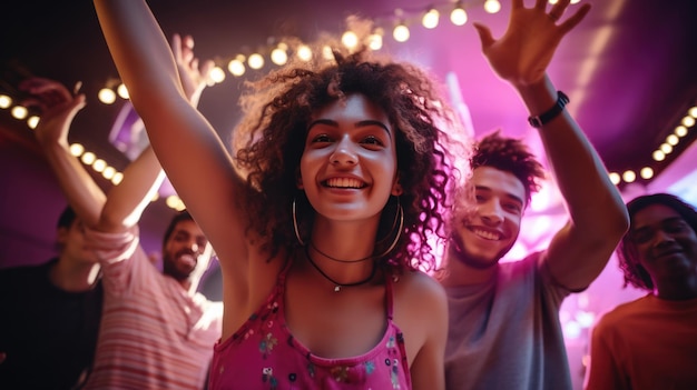 Young girl dancing in a nightclub surrounded by friends