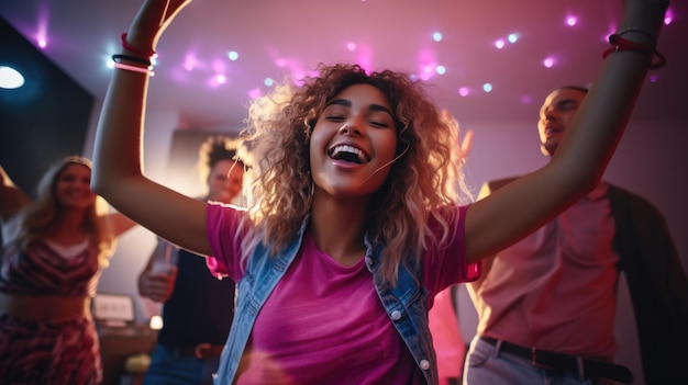 Photo young girl dancing in a nightclub surrounded by friends