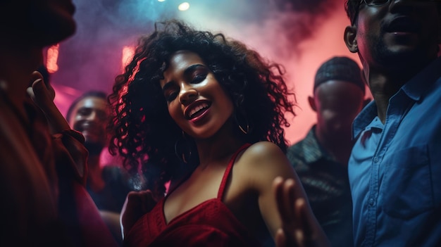 Young girl dancing in a nightclub surrounded by friends