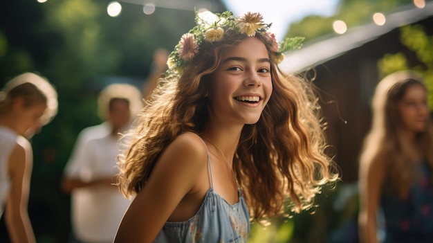 Foto giovane ragazza che balla alla festa all'aperto