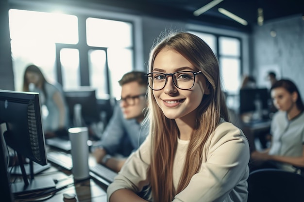 Young girl designer working in the office with her colleagues Generative AI