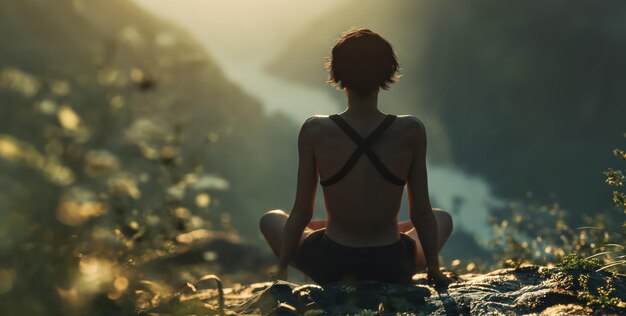 Foto ragazza fa yoga nella foresta ai generativa