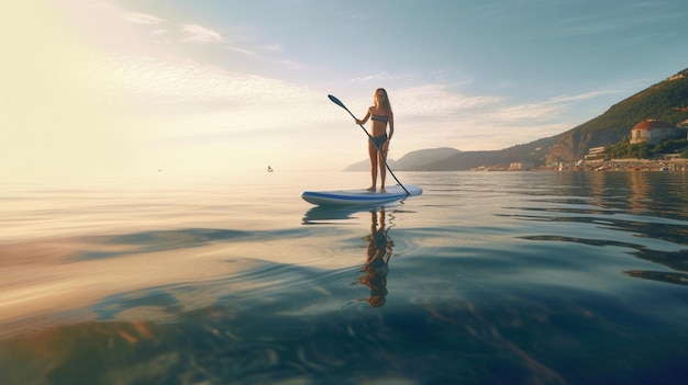 Young girl doing paddel surf Paddel surfing on a calm sea