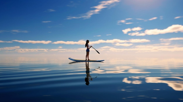 Foto ragazza che fa paddle surf paddle surf su un mare calmo