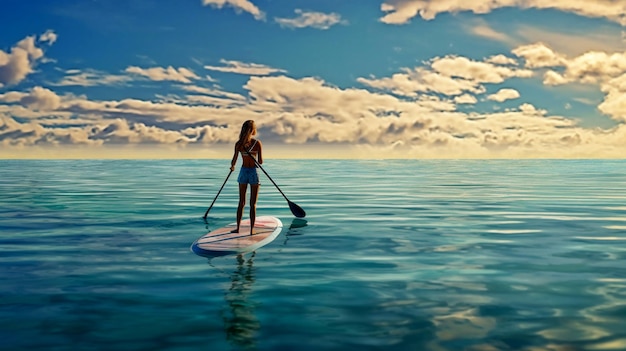 写真 静かな海でパドルサーフィンをしている若い女の子