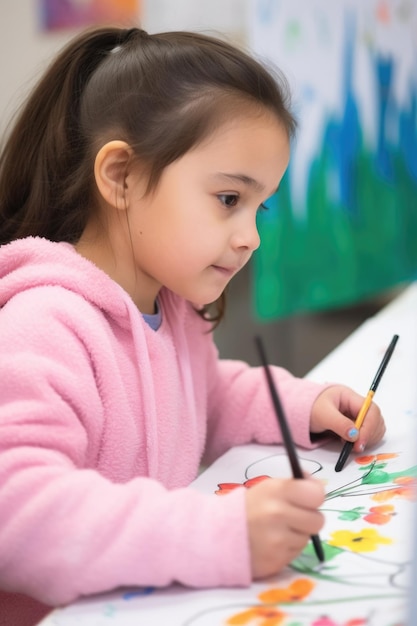 A young girl drawing on a canvas created with generative ai