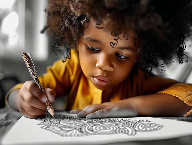 Photo a young girl drawing with a pencil