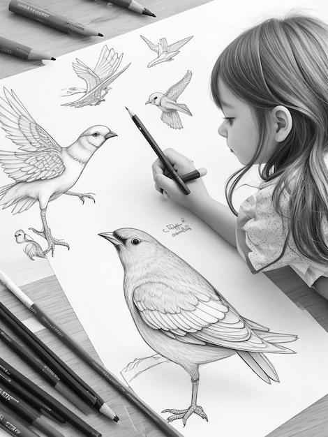 Photo a young girl draws with watercolor pencils