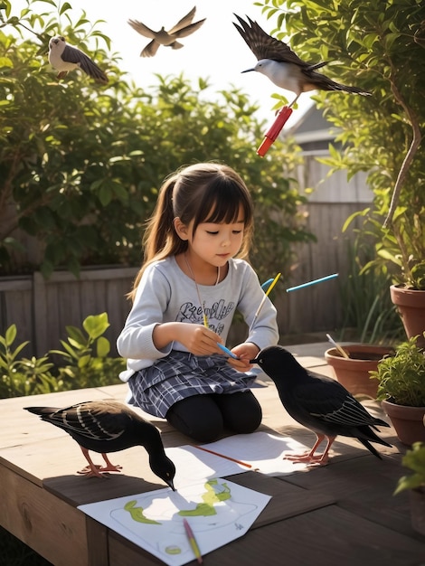어린 소녀가 수채색연필로 그림을 그린다