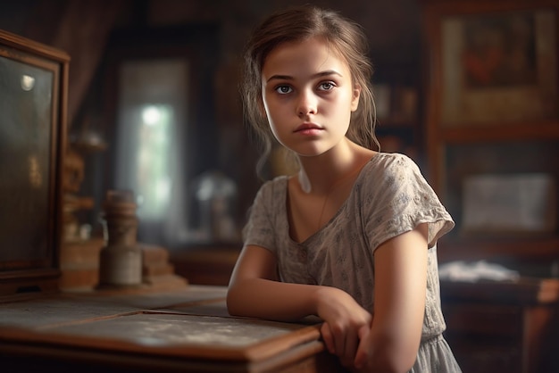 Young Girl in a dress retro style 19th century in a room at a table