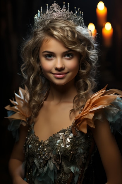 Молодая девушка, одетая как фея-принцесса с тиарой и блестящими крыльями