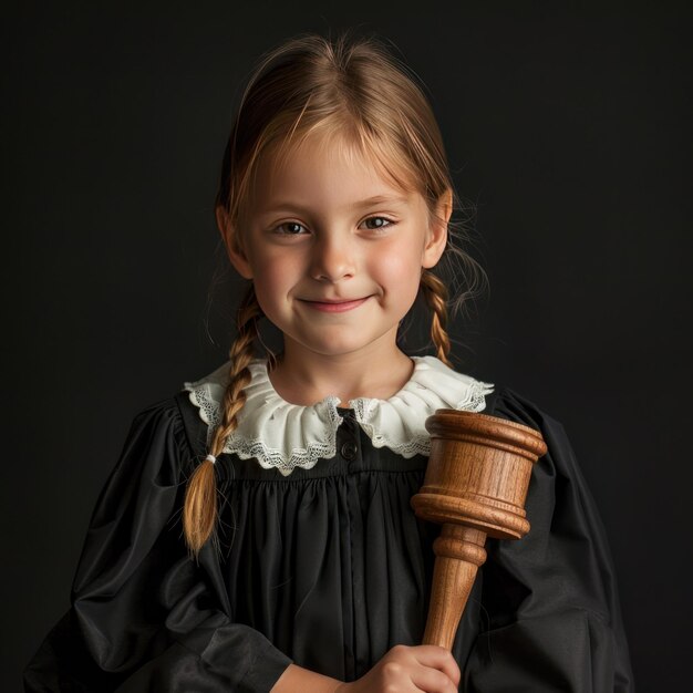 Молодая девушка, одетая как судья, держащая молоток Молодае девушка с сплетенными волосами, носящая халат судьи и держащая молот, уверенно улыбается, играя роль судьи