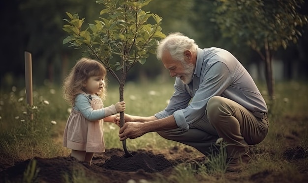 A young girl eagerly assisting her father with planting Creating using generative AI tools