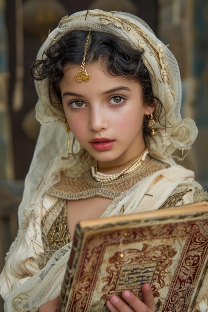 Foto ragazza in elegante abito storico con un libro ornato con un'espressione di attesa