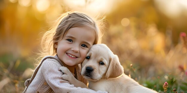 Young girl embracing a cute puppy in warm sunlight innocent childhood friendship love for pets captured in nature AI