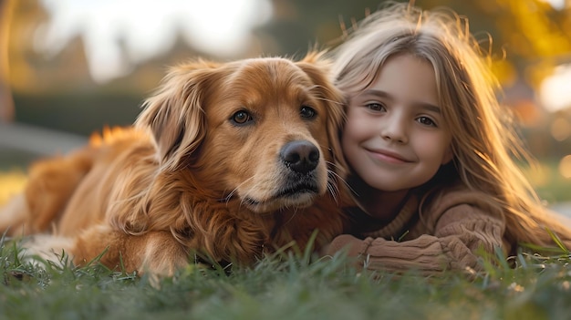 Young girl embracing her golden retriever in a sunset park joyful companionship captured in golden light AI