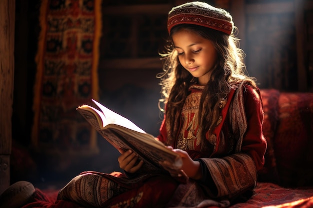 침대에 앉아 책을 읽고 있는 어린 소녀 전통적인 옷을 입은 소녀