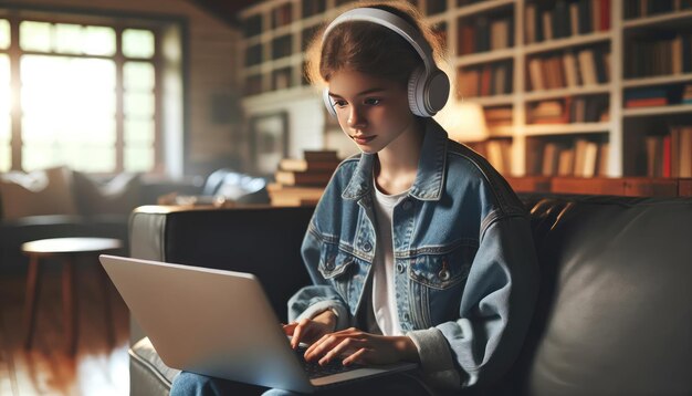 Young Girl Enjoying Music While Studying at Home