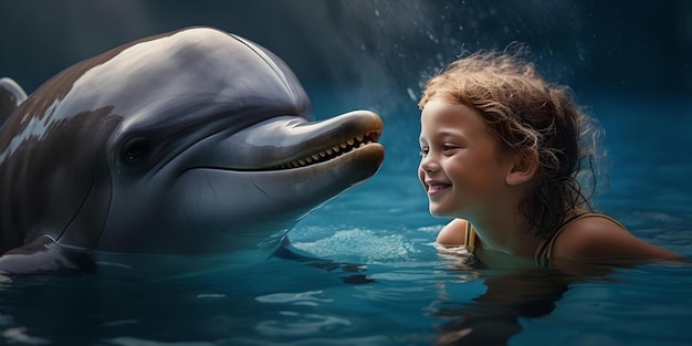 어린 소녀는 기쁨과 우정의 순간을 통해 수중에서 다정한 돌고래와 마법 같은 만남을 즐깁니다. AI