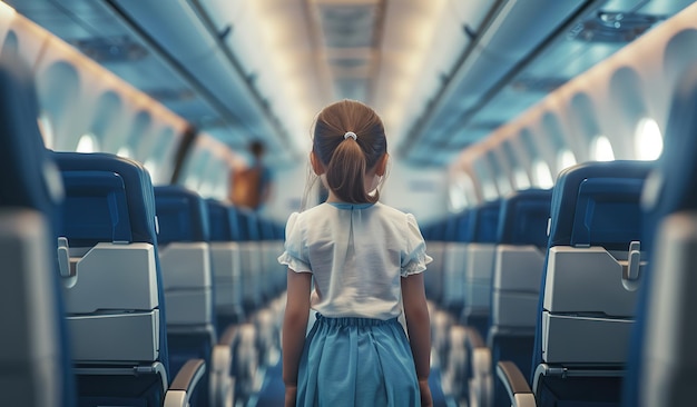 어린 소녀 가 첫 비행 을 하면서 비행기 객실 을 탐험 하고 있다