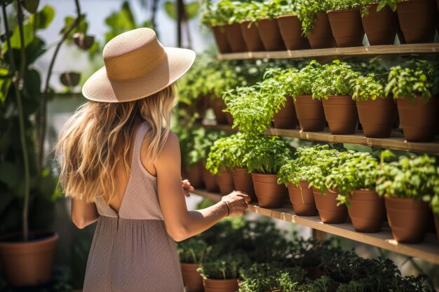젊은 소녀 농부 가 온실 에서 식물 을 정원화 하는 것 여자 농업 노동자 가 식물 을 돌보는 것