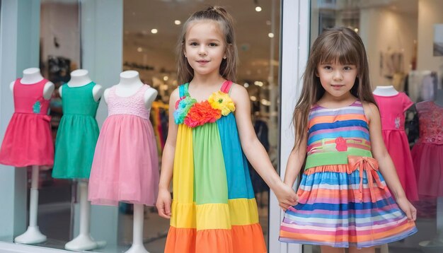 Модная молодая девушка красочное платье в детской одежде в витрине магазина моды