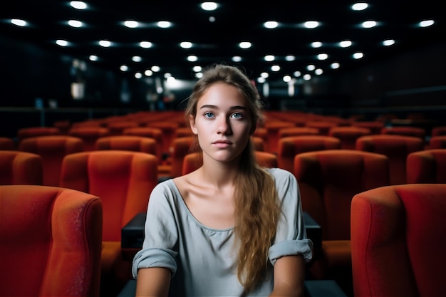 Young girl female in empty cinema watching a movie