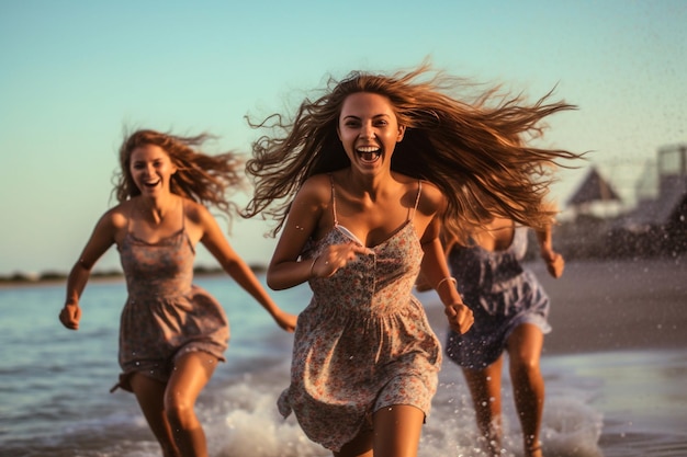 Young girl friends running along the beach