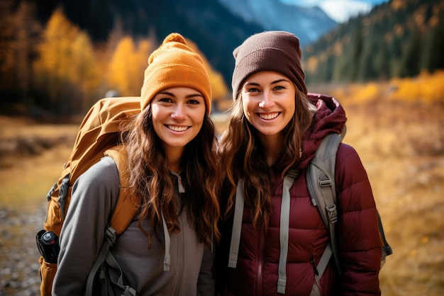 Young girl friends take a hike in the mountains