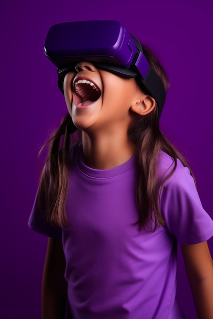 Young girl getting experience using vr headset glasses isolated on a blue background