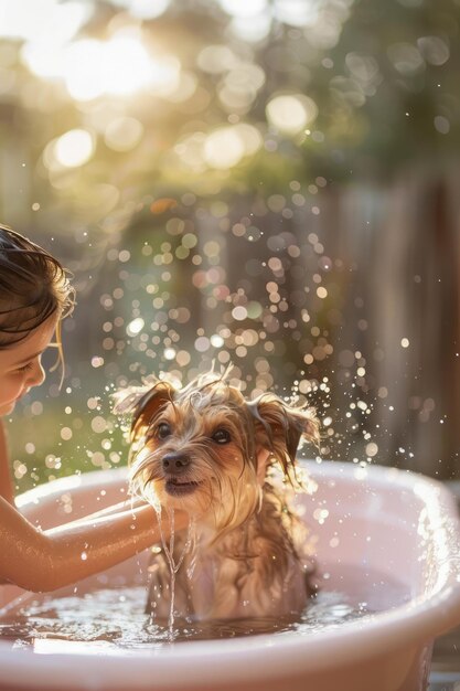 空気 に 水 の 滴 が 散らばっ て いる 晴れ た 庭 で,可愛い 小さい 犬 に 浴び を 与え て いる 若い 少女