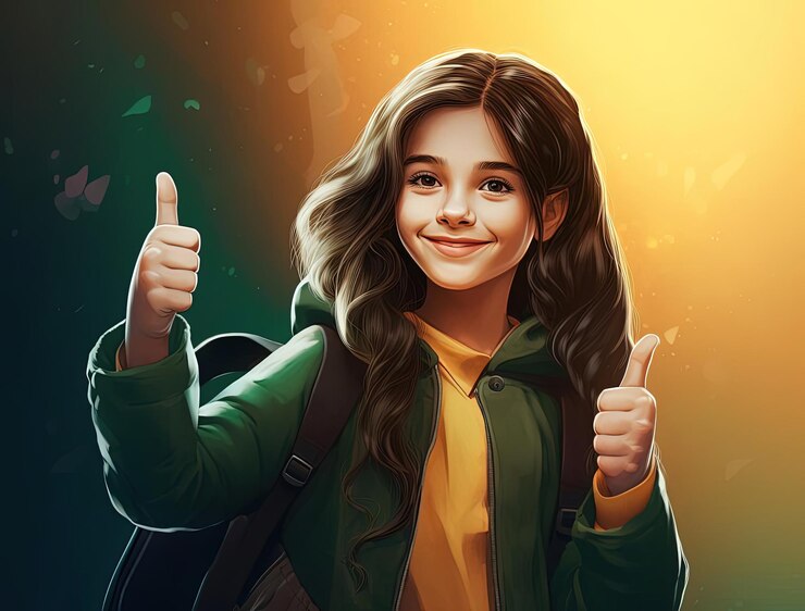 फोटो young girl giving thumb up while holding a backpack on green background in the style of light yello