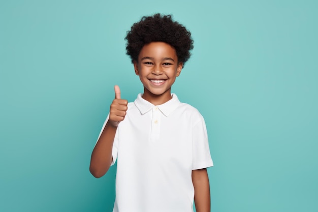 Young girl giving two thumbs up smiling against a white background