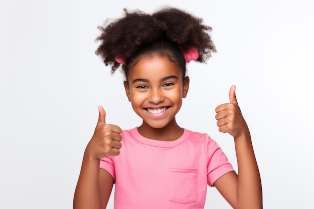 Young girl giving two thumbs up smiling against a white background