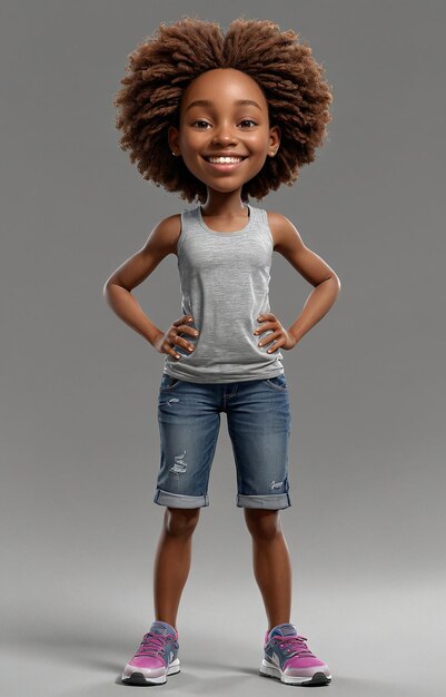 a young girl in a gray tank top and blue jeans