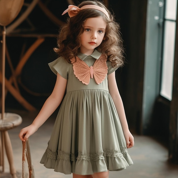 a young girl in a green dress stands in front of a window.