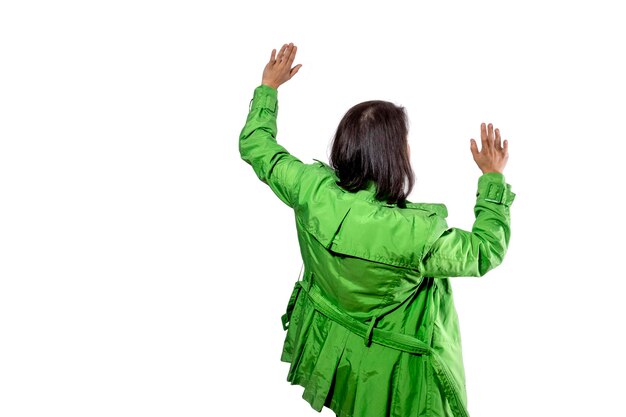 Young girl in green jacket Dance concept White background