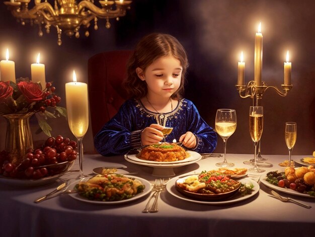 ハヌッカの夕食のテーブルで美味しい食べ物とワインの装飾 シャンパンエレガントな若い女の子
