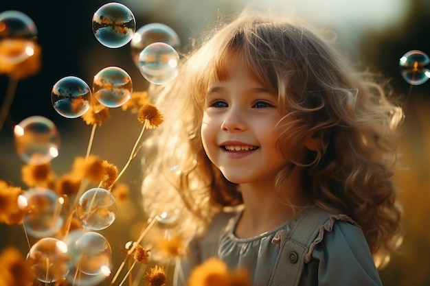 Young girl happily blowing soap bubbles amidst colorful flowers under clear blue sky children