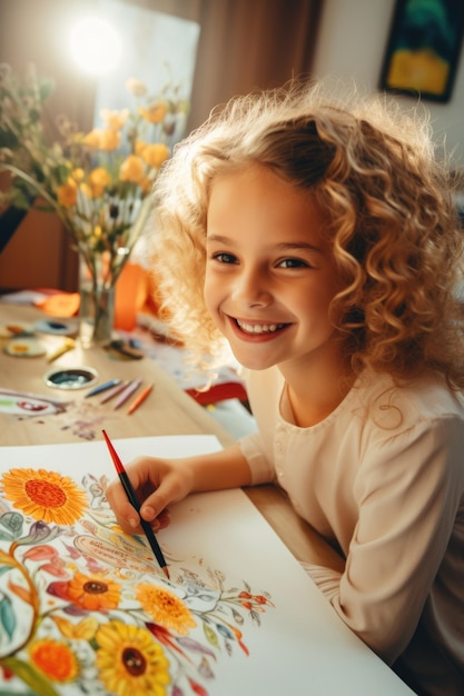 Фото Молодая девушка с радостью рисует рисунок, подходящий для образовательных или творческих концепций