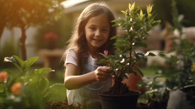 Young girl happily planting plants in the garden