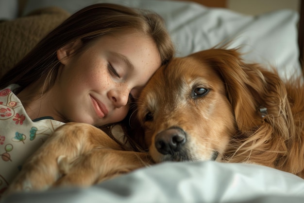 Photo young girl and her dog sharing a moment of affection