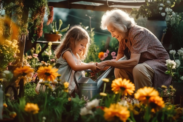 A young girl and her grandmother are sitting in a garden, holding a bucket of flowers.