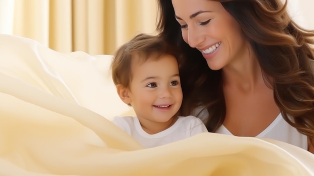 Young girl and her mother are having a happy moment on the couch