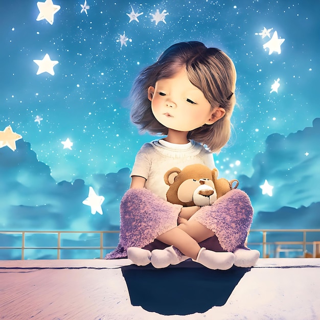 young girl and her teddy bear sitting on a rooftop This image is generated with the use of an AI