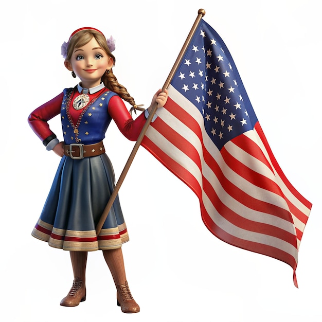 Foto una giovane ragazza che tiene una bandiera americana con uno sfondo bianco felice giorno del lavoro