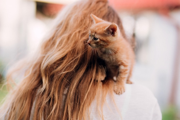 屋外の美しい子猫をもつ少女